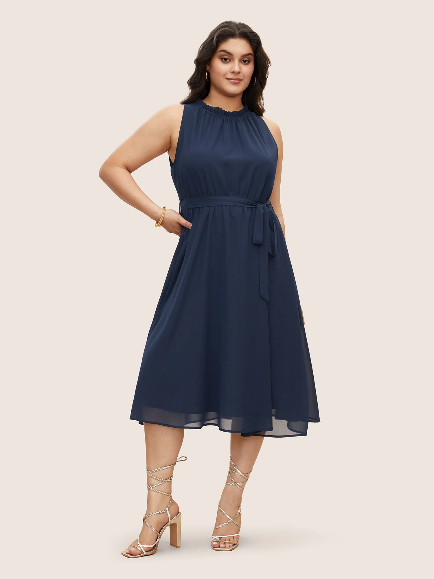 Plain Sleeveless Frill Trim Pocket Belted Mock Neck Dress - Image 3