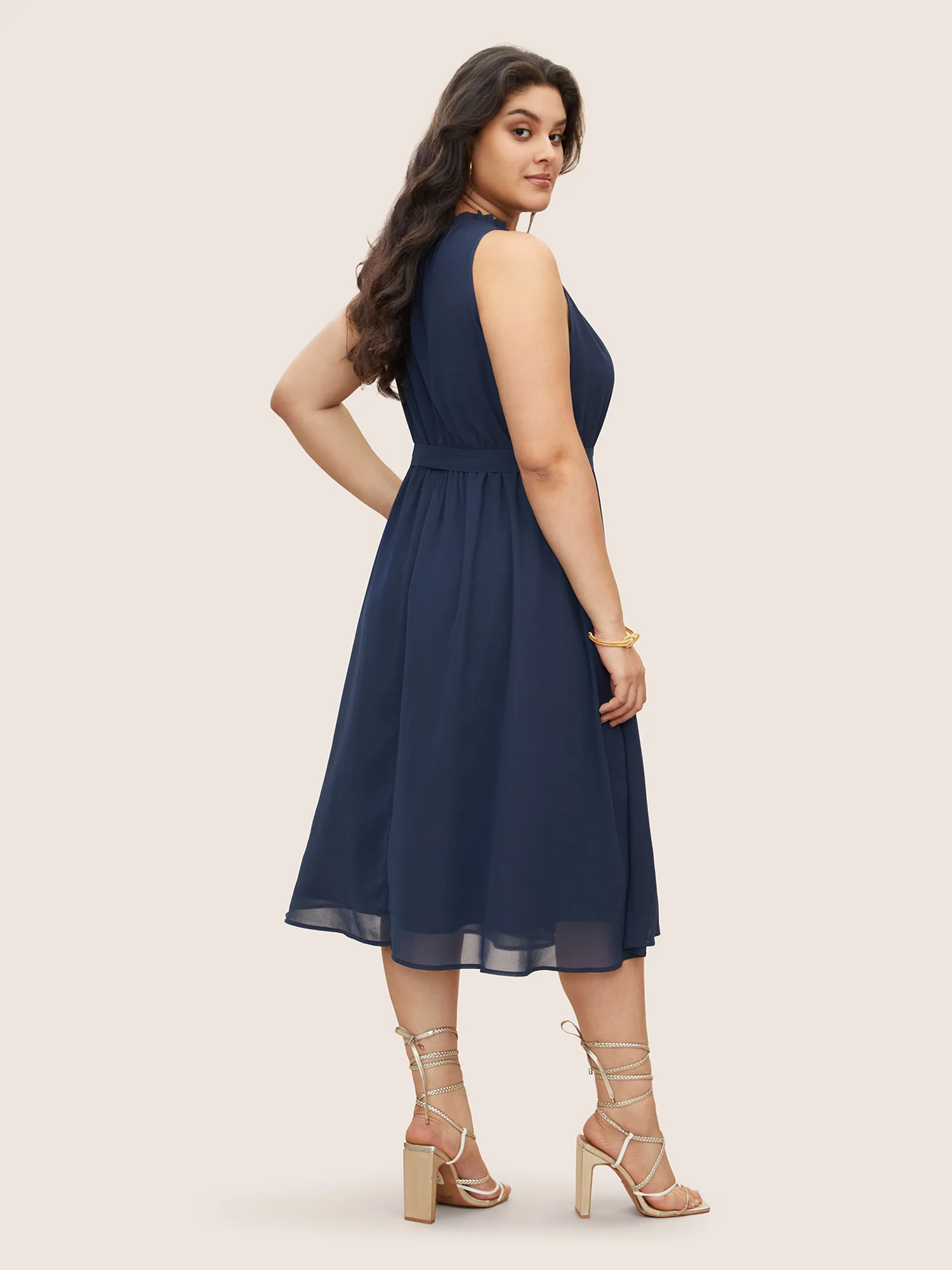 Plain Sleeveless Frill Trim Pocket Belted Mock Neck Dress - Image 4