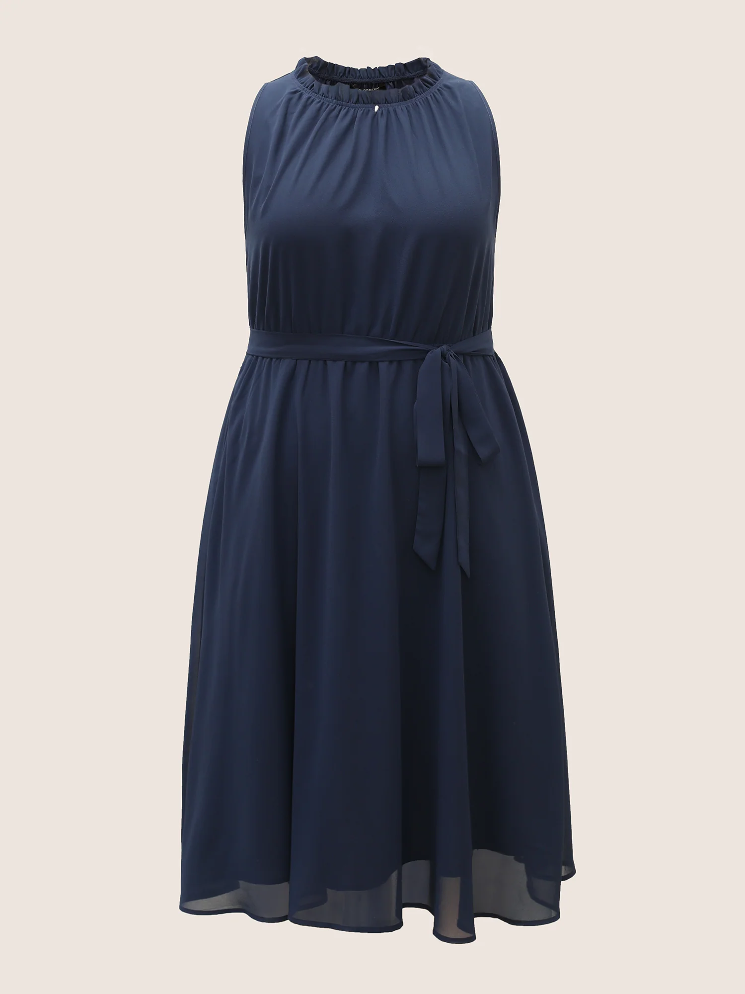 Plain Sleeveless Frill Trim Pocket Belted Mock Neck Dress - Image 7