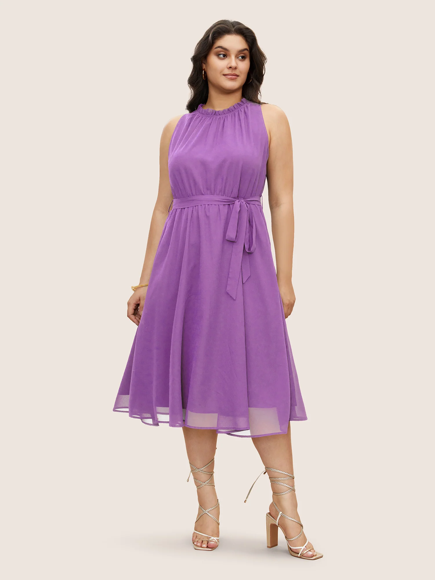 Plain Sleeveless Frill Trim Pocket Belted Mock Neck Dress - Image 8