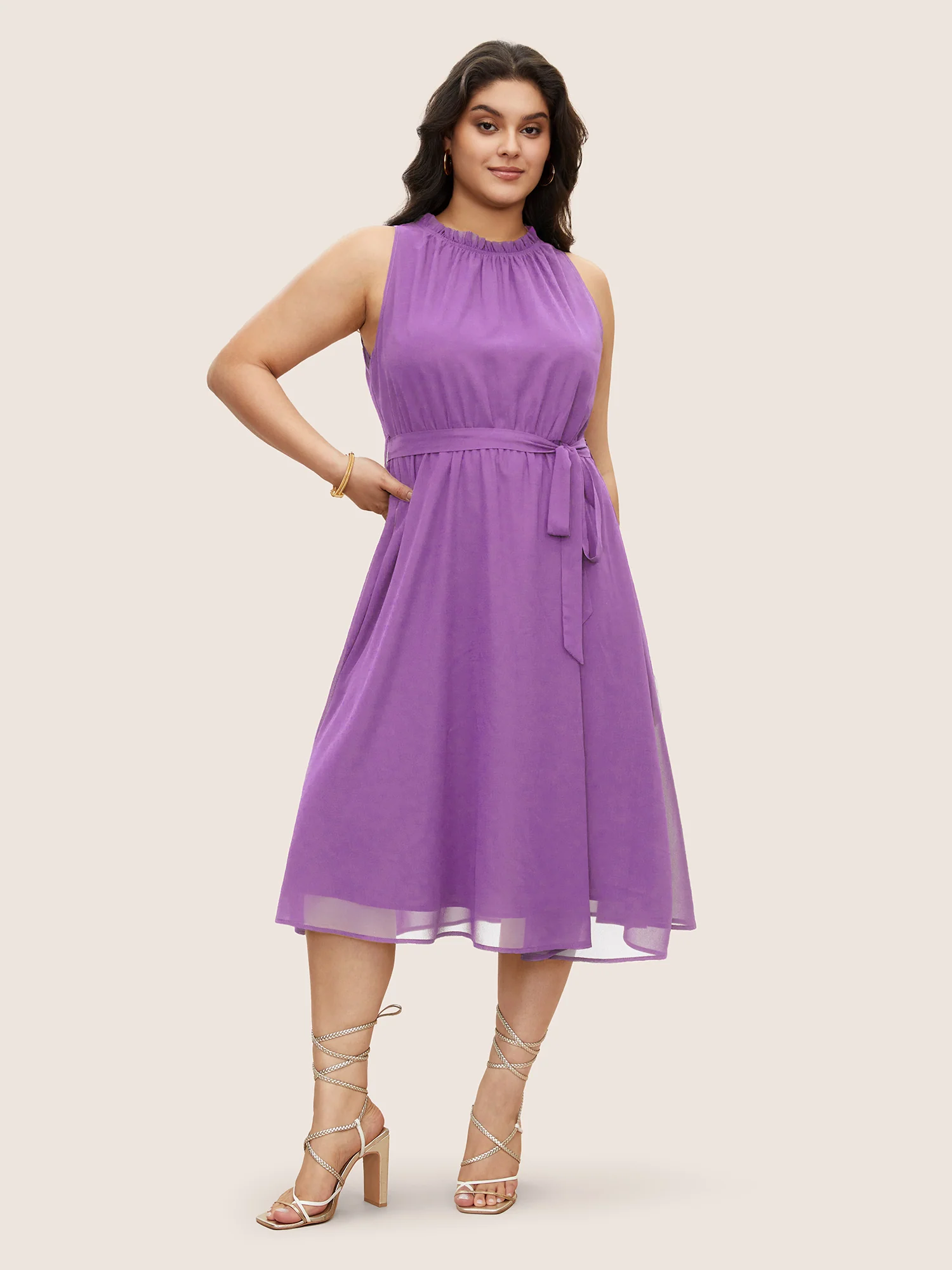 Plain Sleeveless Frill Trim Pocket Belted Mock Neck Dress - Image 9