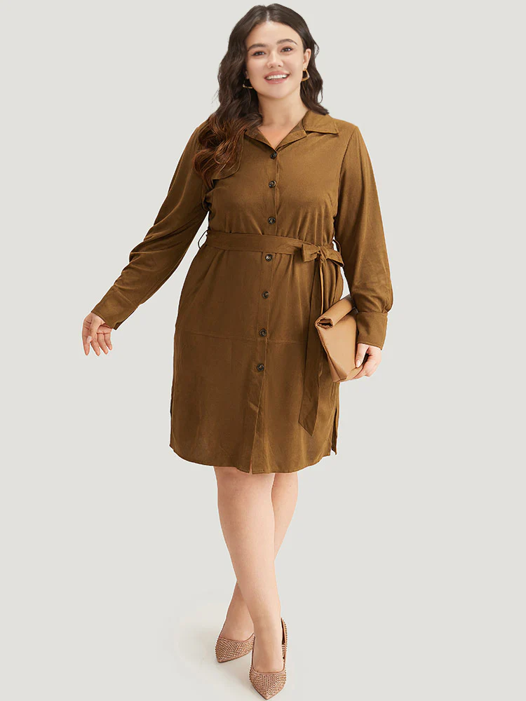 Plain Split Hem Button Through Belted Dress - Image 2