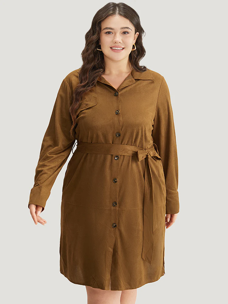 Plain Split Hem Button Through Belted Dress - Image 3