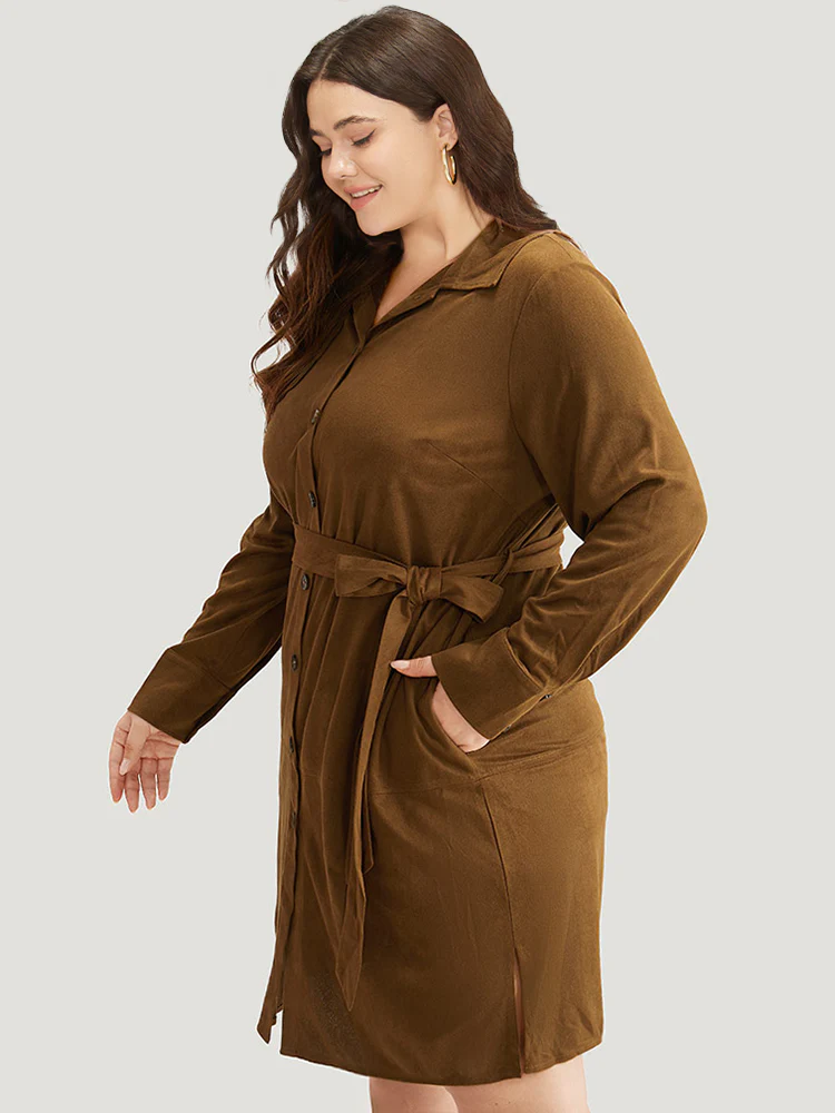 Plain Split Hem Button Through Belted Dress - Image 4