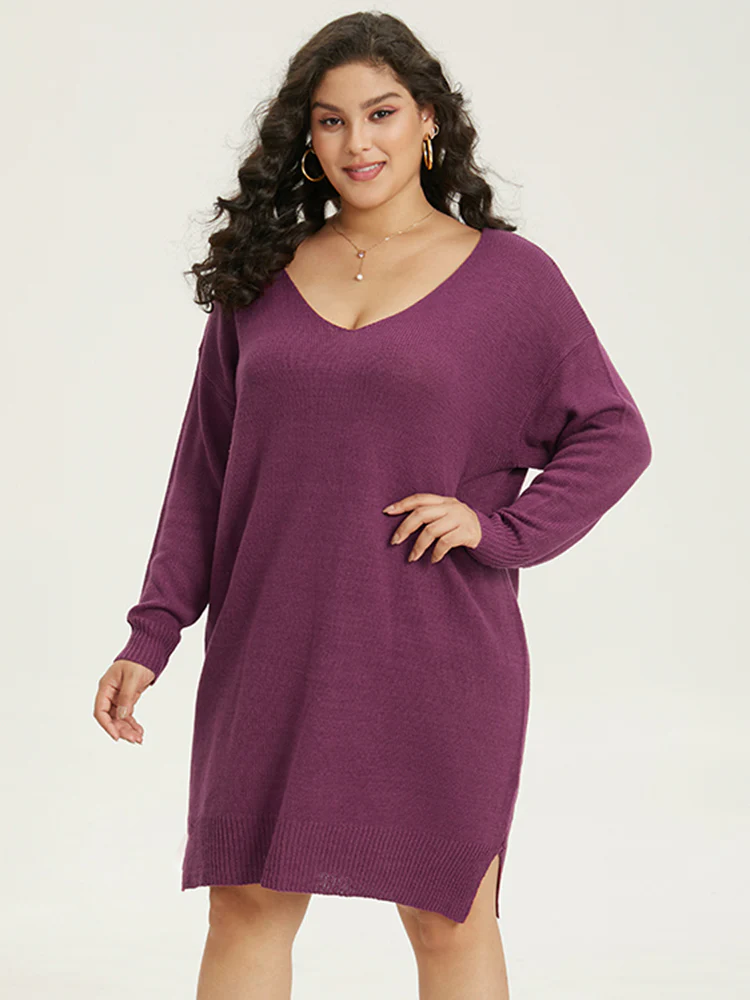 Plain Split Side Elastic Cuffs Sweater Dress - Image 4