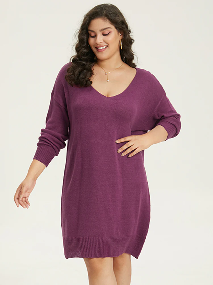 Plain Split Side Elastic Cuffs Sweater Dress - Image 5