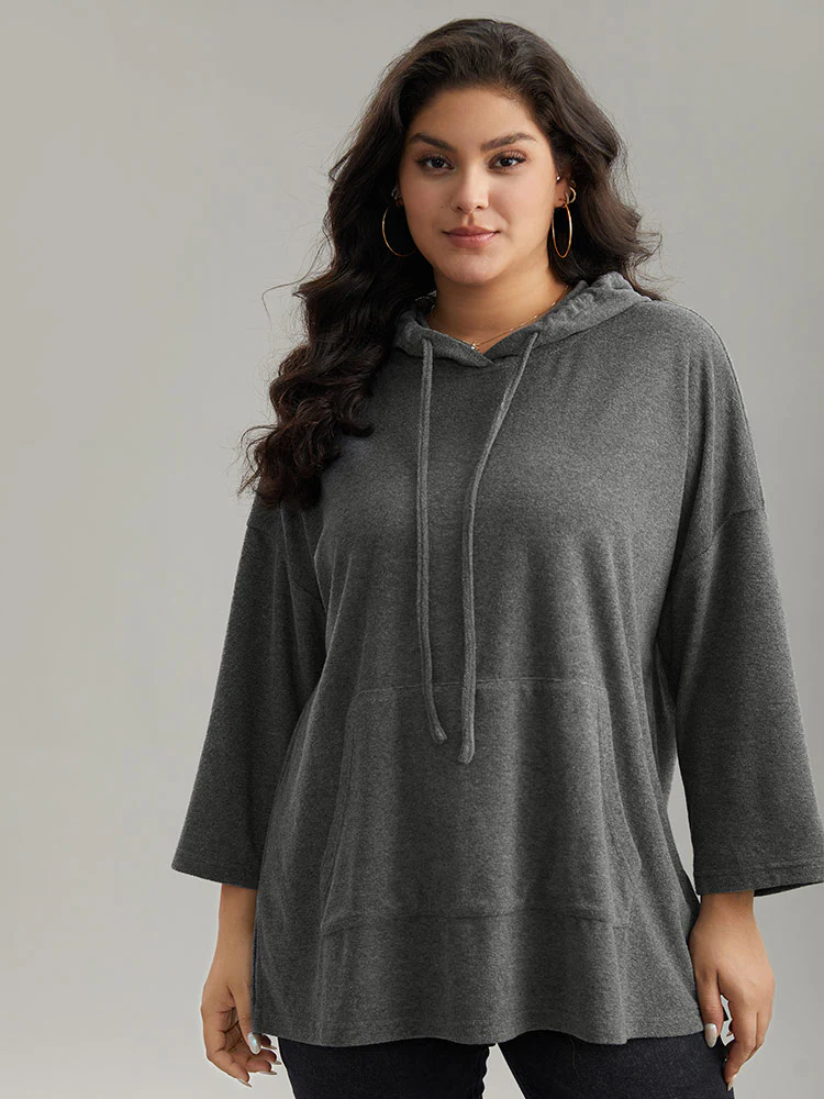 Plain Split Side Pocket Hooded Drawstring Sweatshirt - Image 2