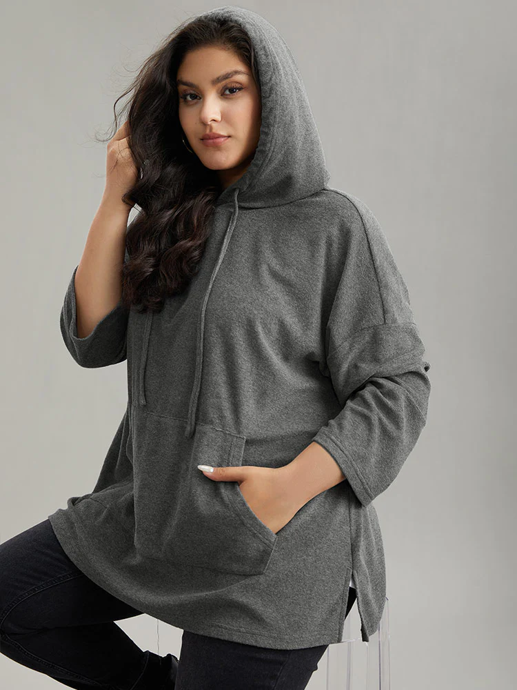 Plain Split Side Pocket Hooded Drawstring Sweatshirt - Image 3