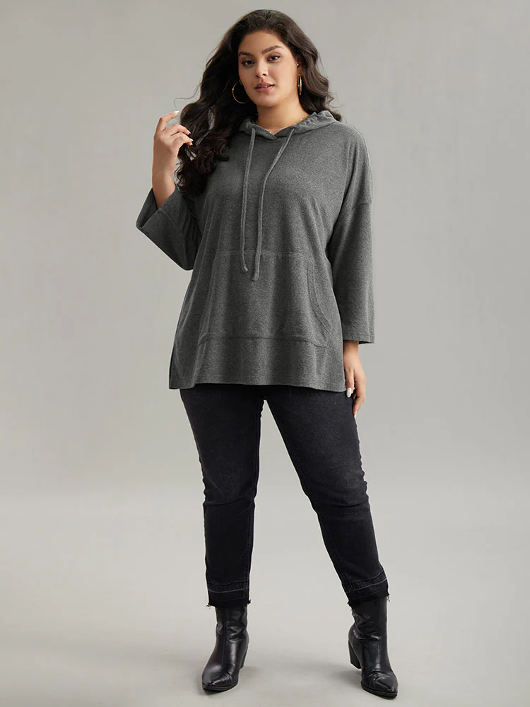 Plain Split Side Pocket Hooded Drawstring Sweatshirt - Image 4