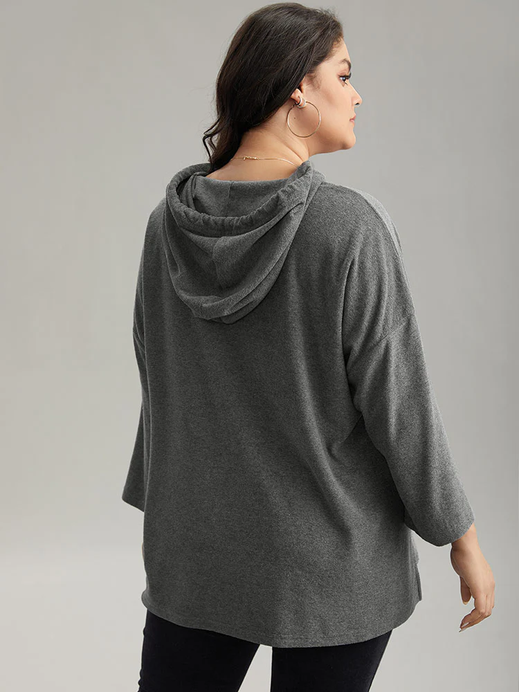 Plain Split Side Pocket Hooded Drawstring Sweatshirt - Image 5