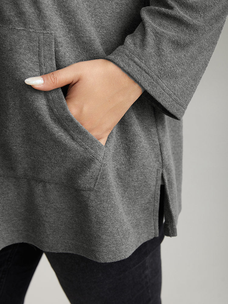 Plain Split Side Pocket Hooded Drawstring Sweatshirt - Image 7