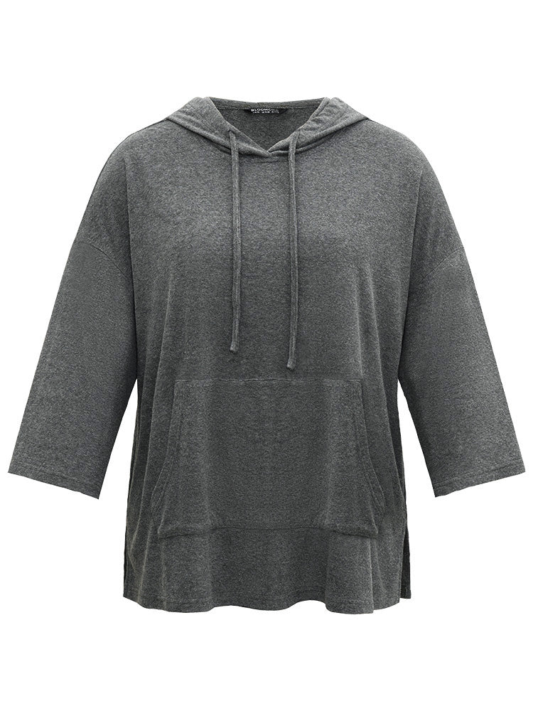 Plain Split Side Pocket Hooded Drawstring Sweatshirt - Image 9