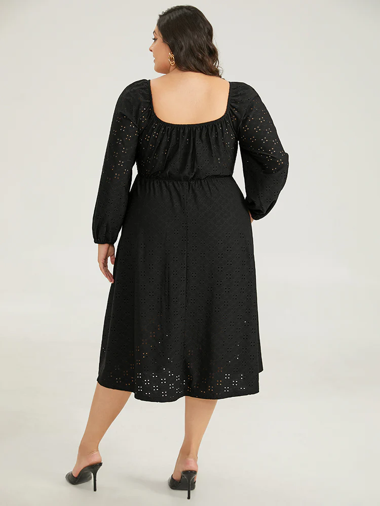 Plain Square Neck Laser Cut Lantern Sleeve Dress - Image 2