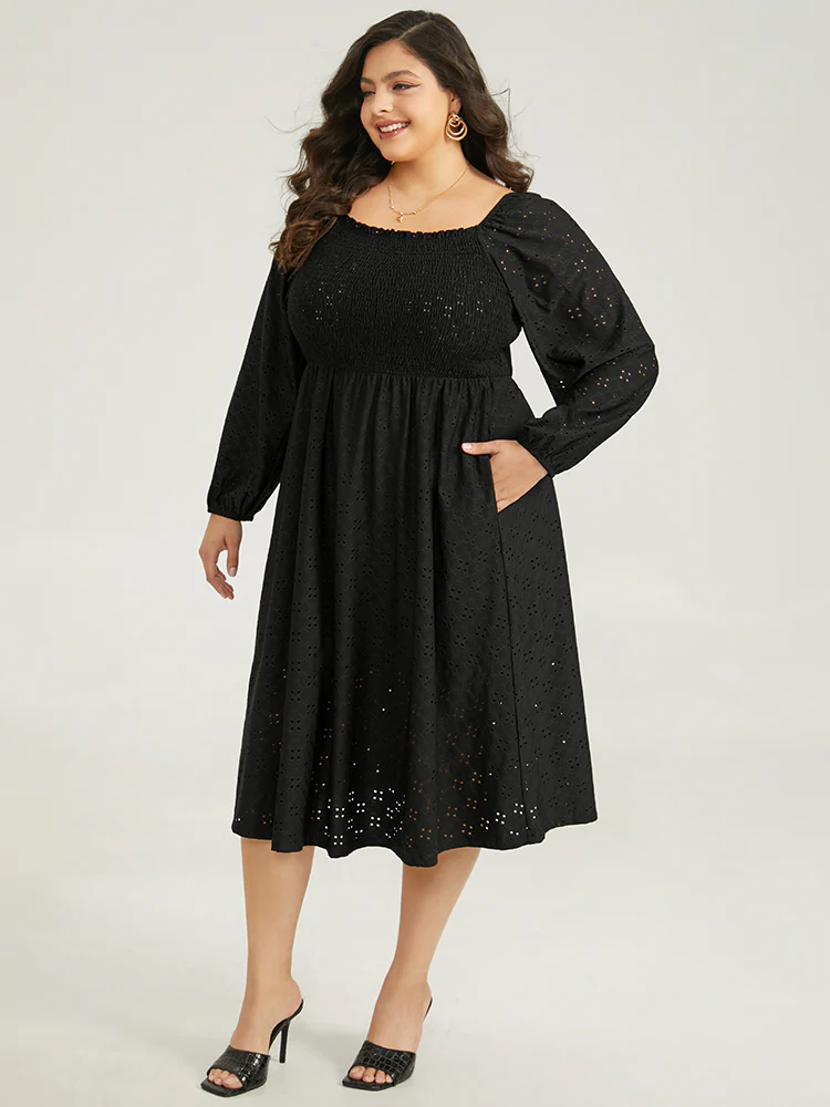 Plain Square Neck Laser Cut Lantern Sleeve Dress - Image 3