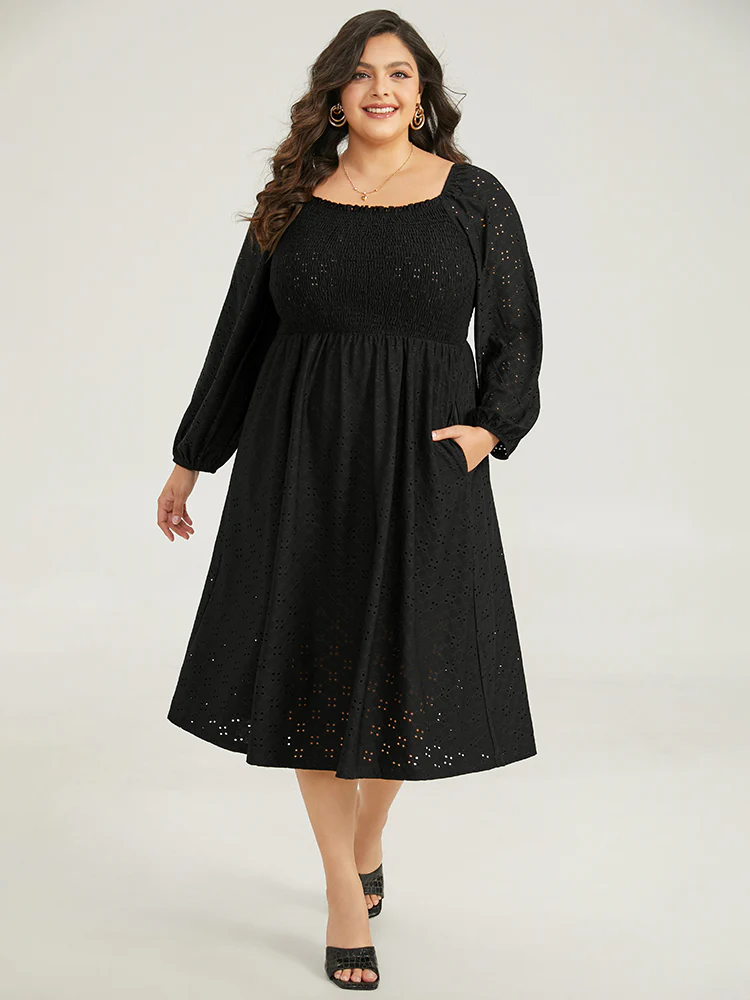 Plain Square Neck Laser Cut Lantern Sleeve Dress - Image 4