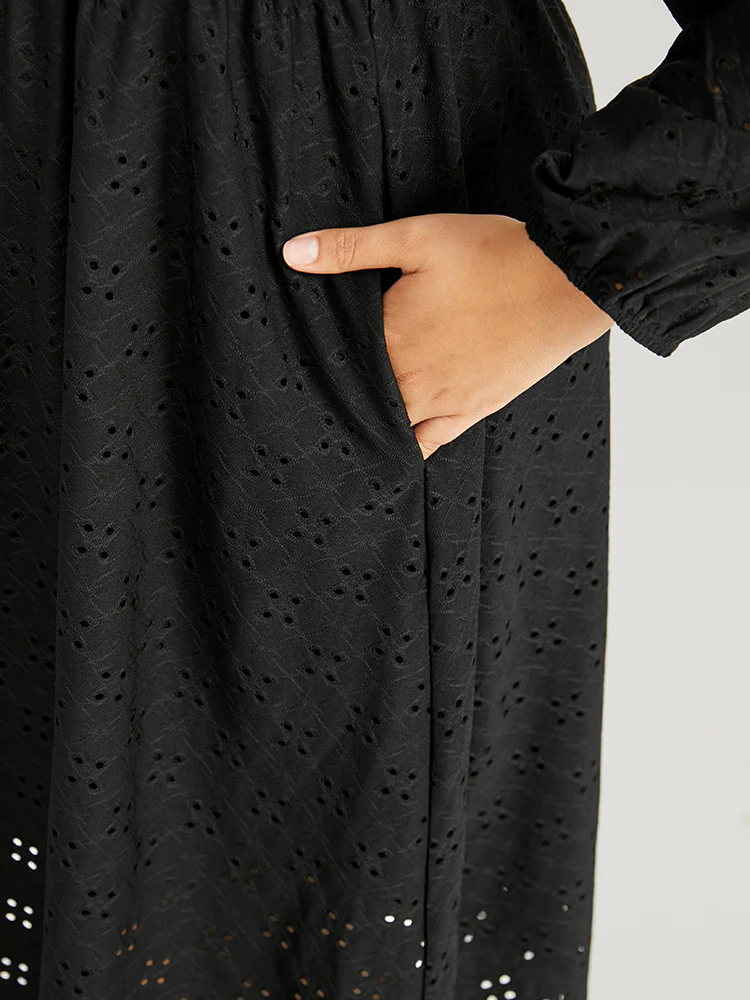 Plain Square Neck Laser Cut Lantern Sleeve Dress - Image 6