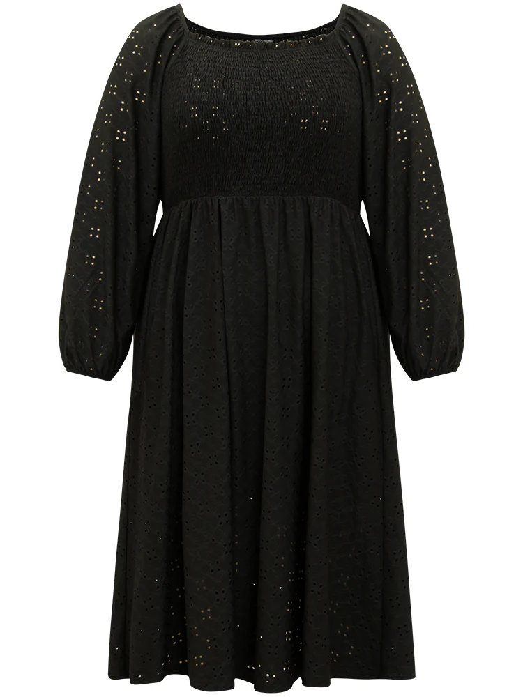 Plain Square Neck Laser Cut Lantern Sleeve Dress - Image 8
