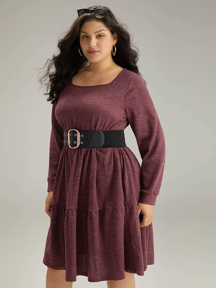 Plain Square Neck Texture Gathered Dress - Image 2
