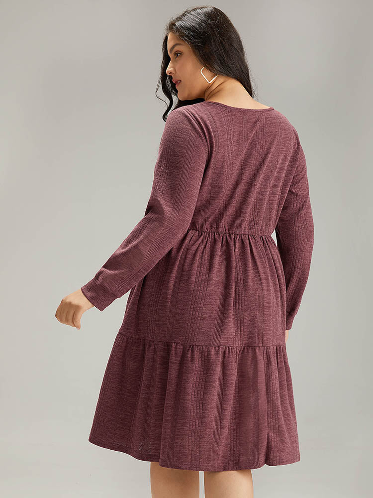 Plain Square Neck Texture Gathered Dress - Image 3