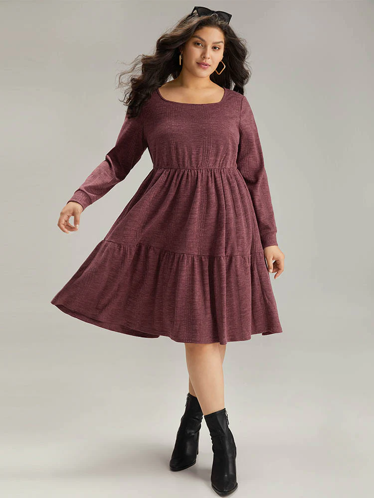 Plain Square Neck Texture Gathered Dress - Image 4