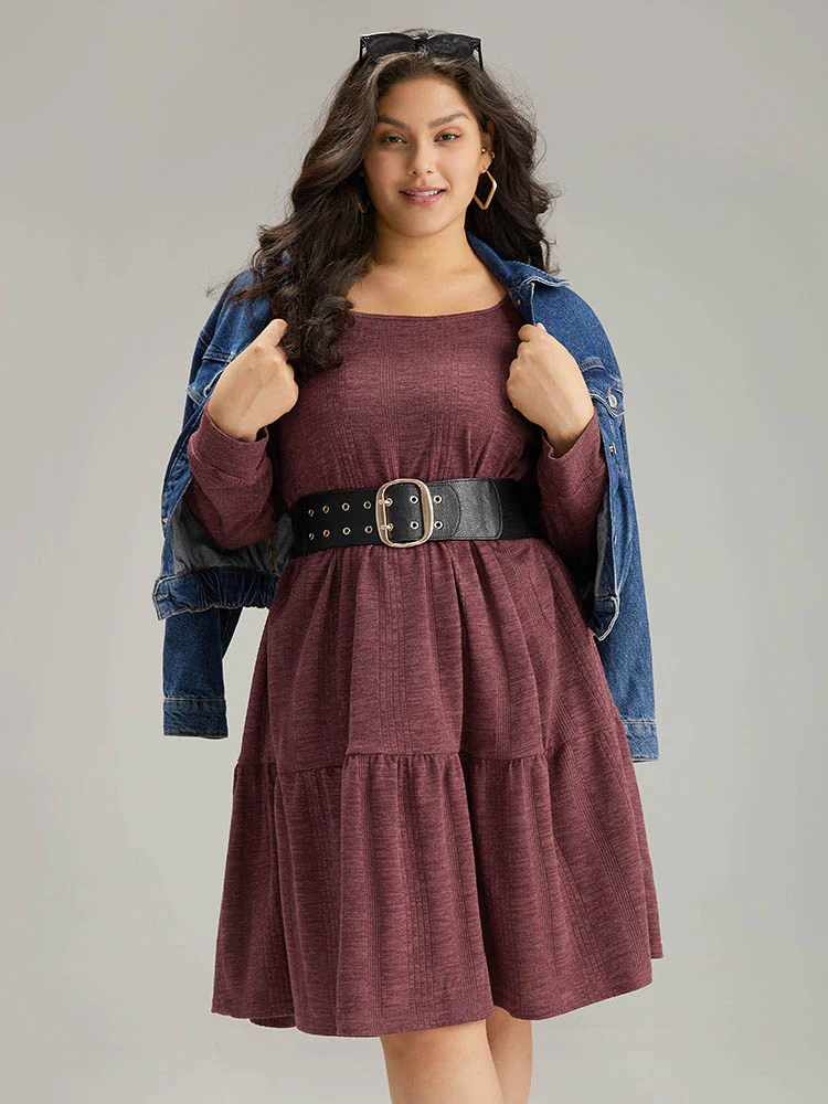 Plain Square Neck Texture Gathered Dress - Image 5
