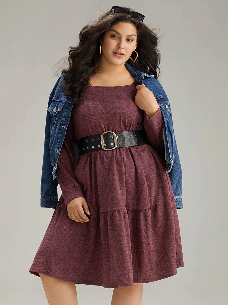 Plain Square Neck Texture Gathered Dress - Image 6