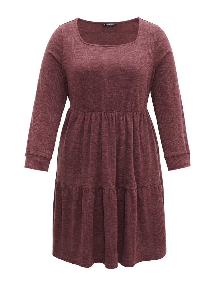 Plain Square Neck Texture Gathered Dress - Image 9