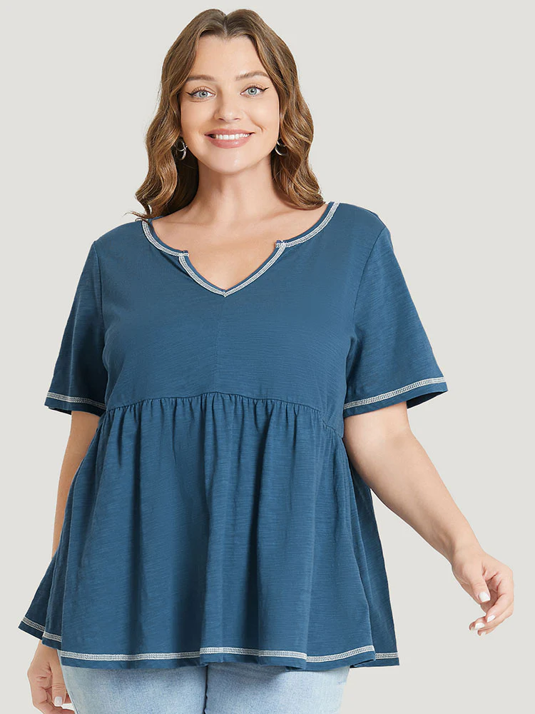 Plain Stitch Trim Notched Flutter Hem T-shirt