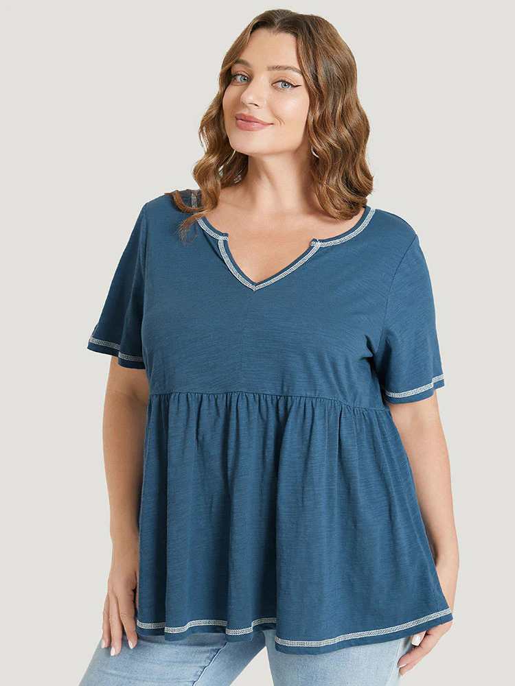 Plain Stitch Trim Notched Flutter Hem T-shirt - Image 3