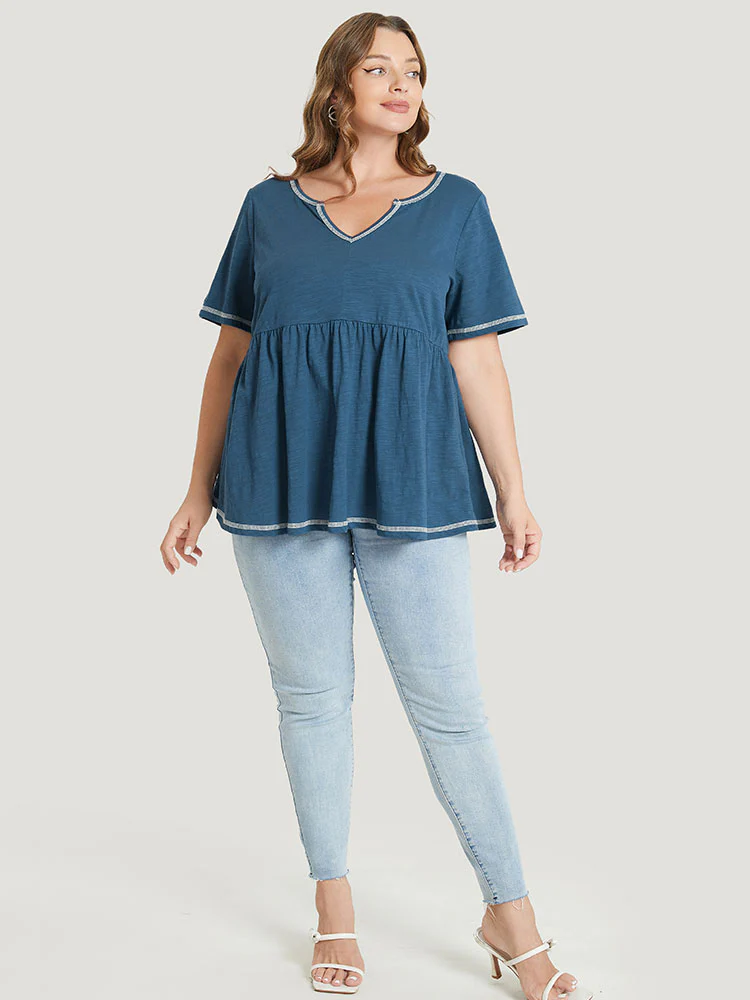 Plain Stitch Trim Notched Flutter Hem T-shirt - Image 4