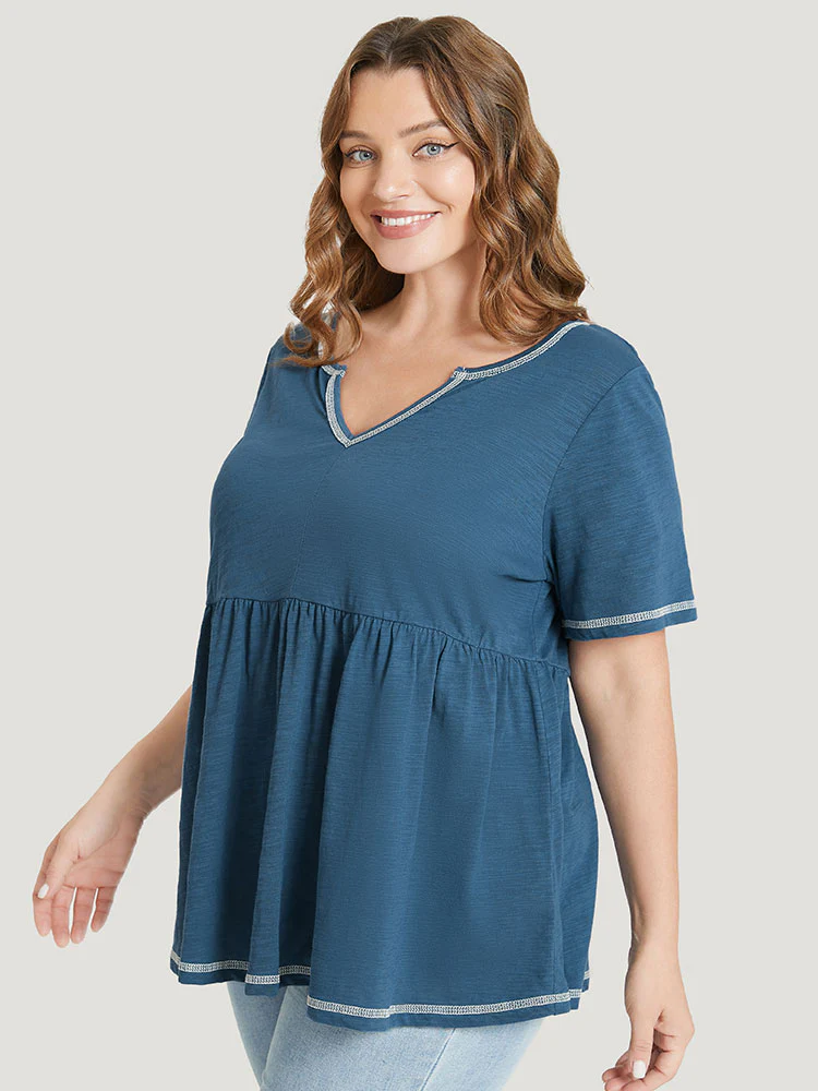Plain Stitch Trim Notched Flutter Hem T-shirt - Image 5