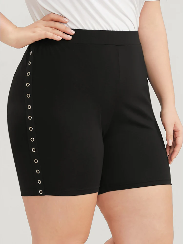 Plain Studded Detail Elastic Waist Shorts - Image 3