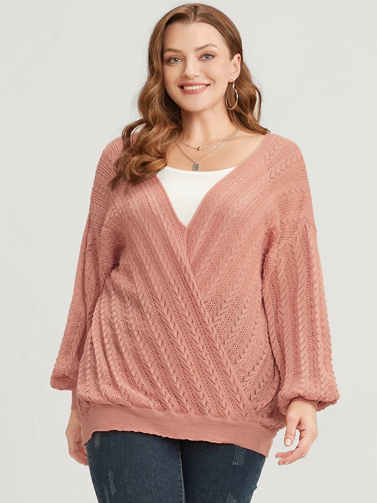 Plain Super Soft Knit Lantern Sleeve Wrap Knit Top - Image 2