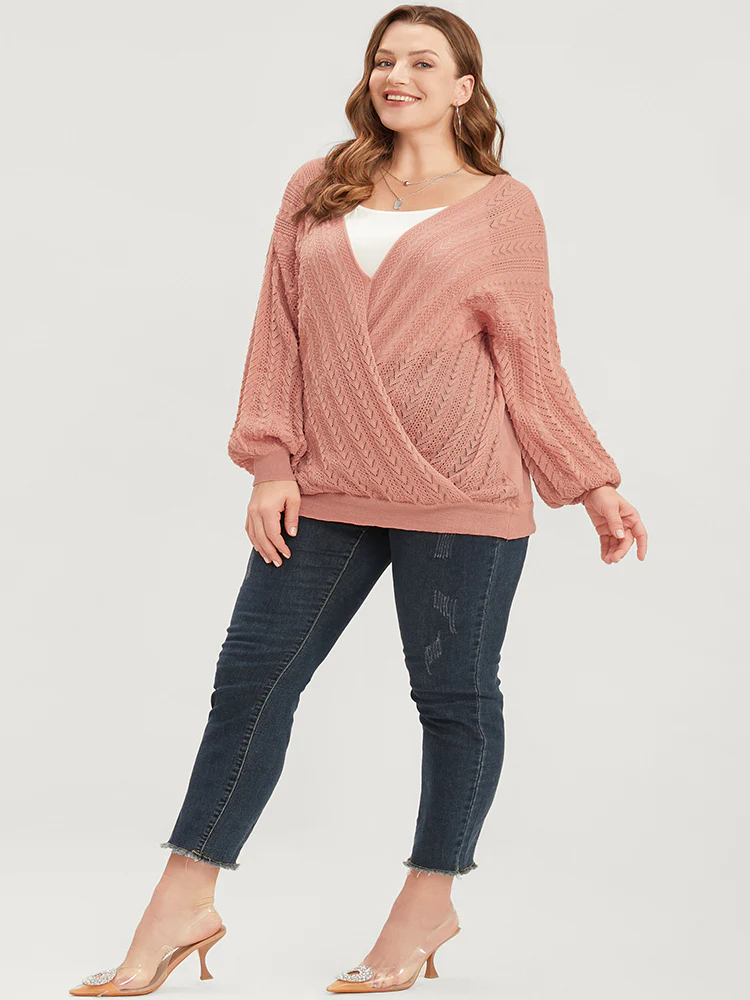 Plain Super Soft Knit Lantern Sleeve Wrap Knit Top - Image 3