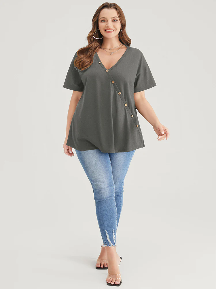 Plain Surplice Neck Button Detail T-shirt - Image 2
