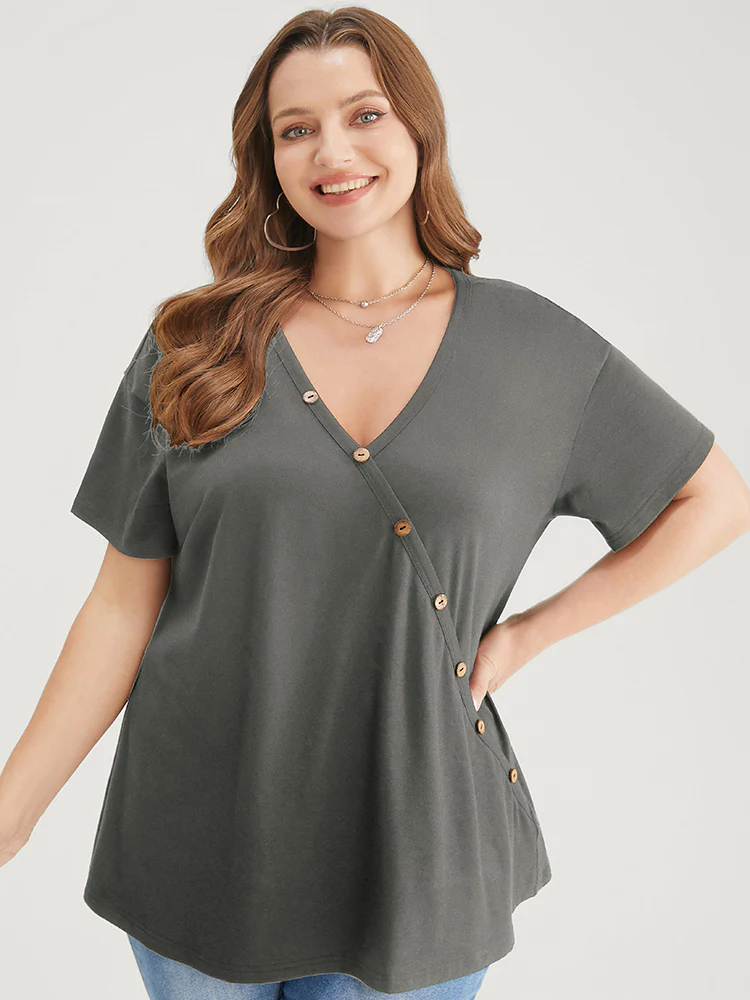 Plain Surplice Neck Button Detail T-shirt - Image 3