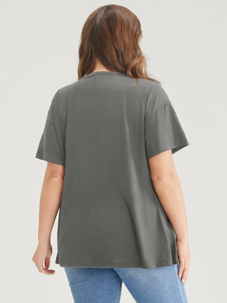 Plain Surplice Neck Button Detail T-shirt - Image 4