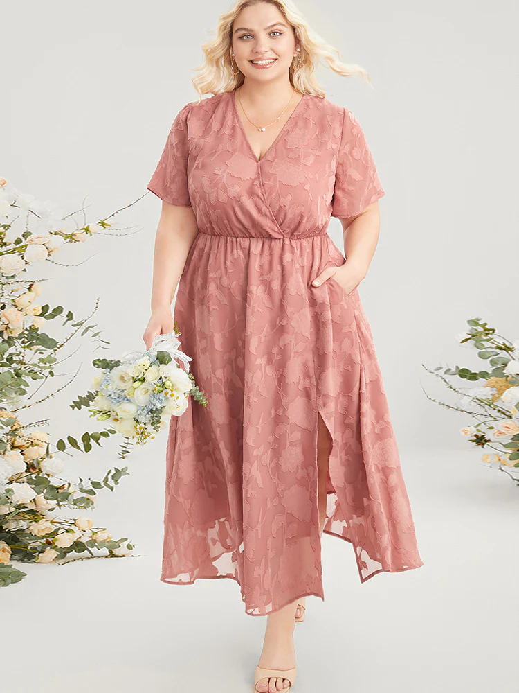 Plain Surplice Neck Split Mesh Pocket Ruffles Dress - Image 2