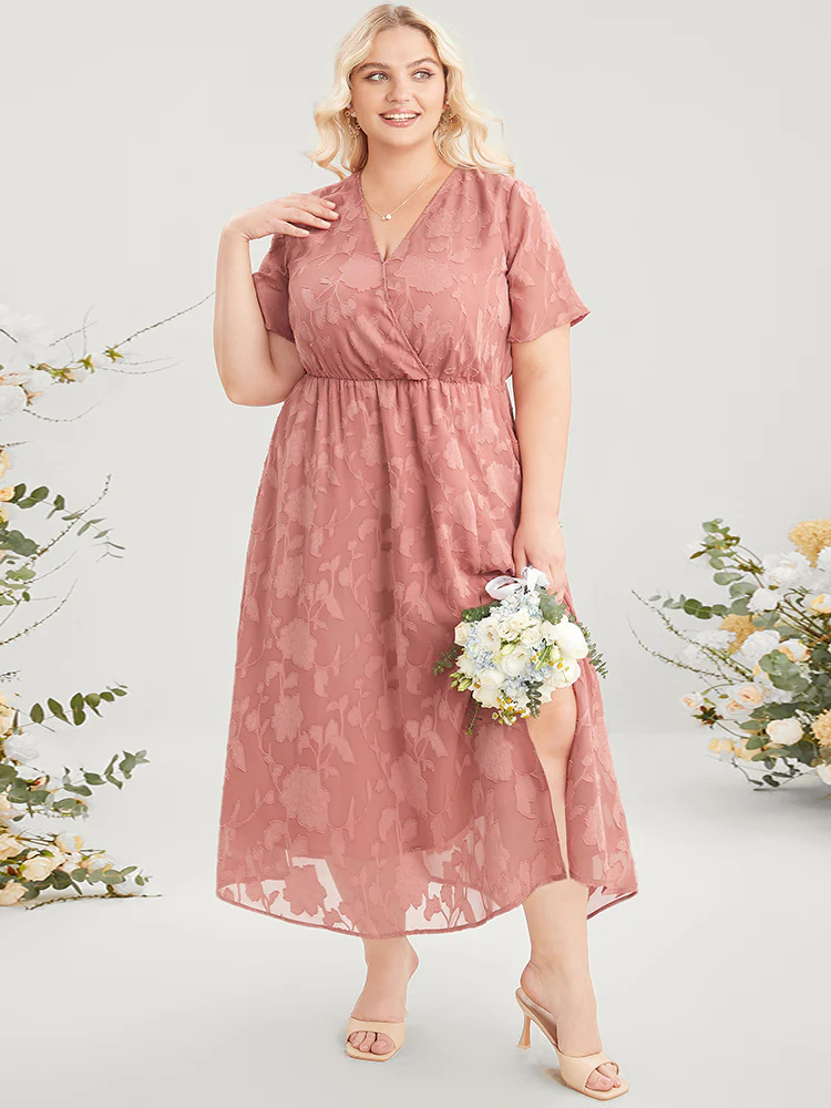 Plain Surplice Neck Split Mesh Pocket Ruffles Dress - Image 3