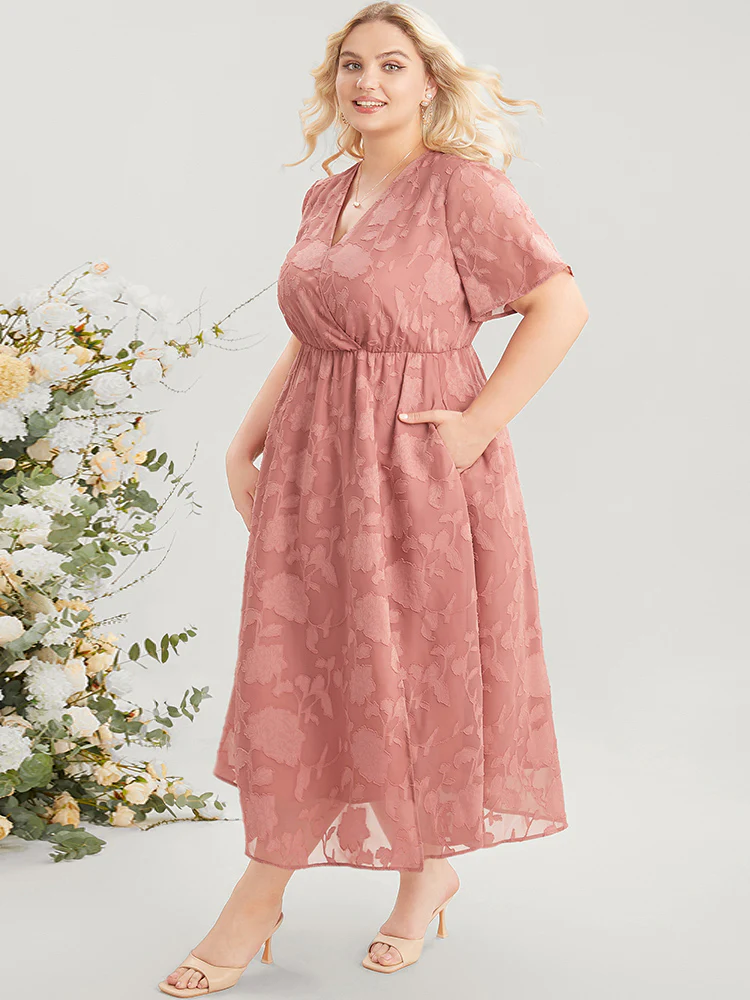 Plain Surplice Neck Split Mesh Pocket Ruffles Dress - Image 4