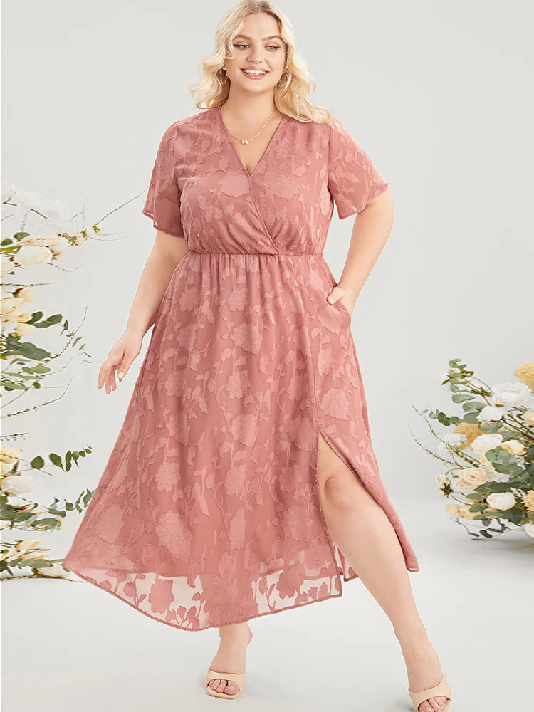 Plain Surplice Neck Split Mesh Pocket Ruffles Dress - Image 5