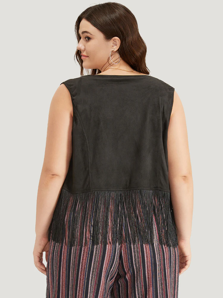 Plain Tassel Trim Rivets Sleeveless Jacket - Image 2