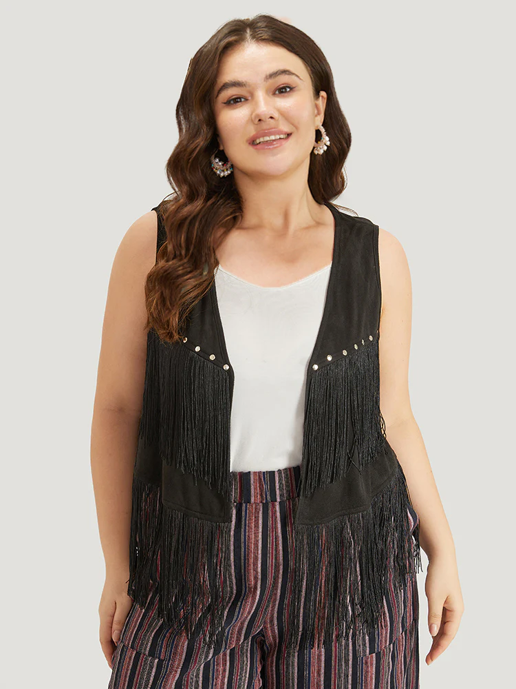 Plain Tassel Trim Rivets Sleeveless Jacket - Image 5