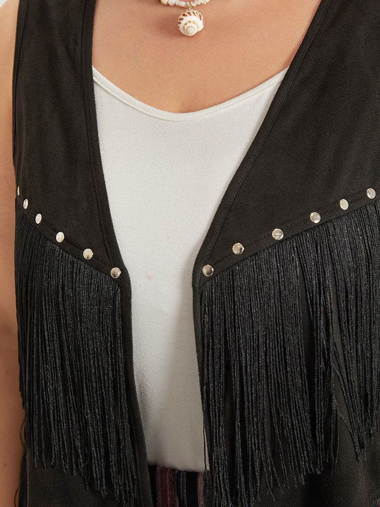 Plain Tassel Trim Rivets Sleeveless Jacket - Image 6