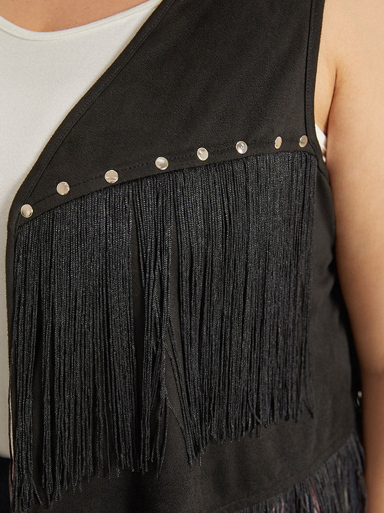 Plain Tassel Trim Rivets Sleeveless Jacket - Image 7