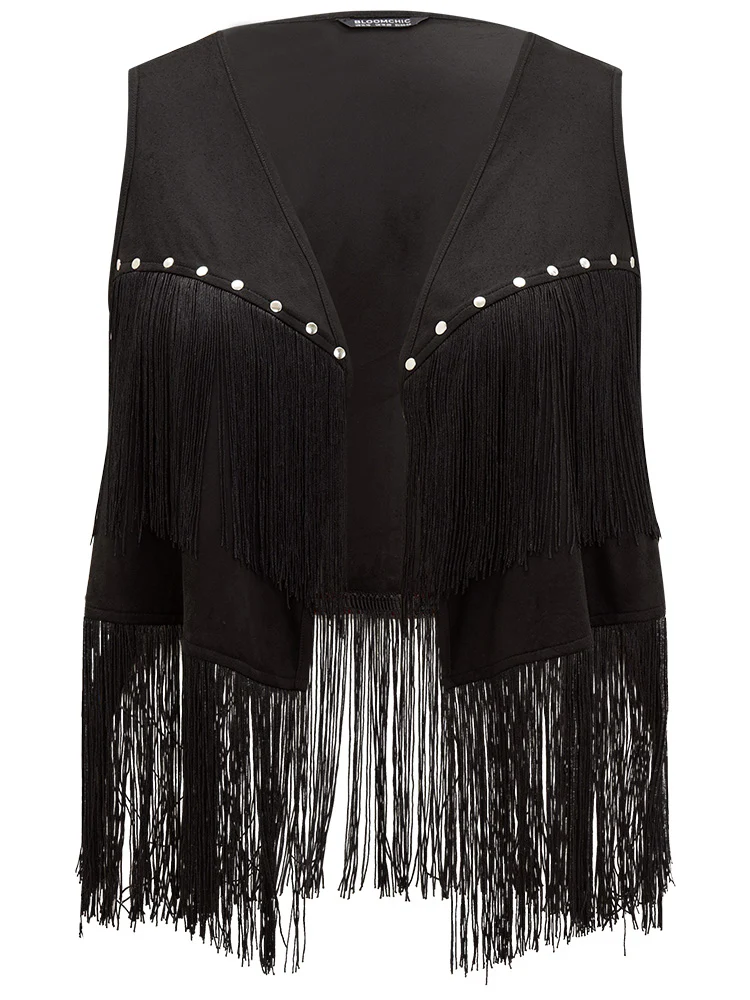Plain Tassel Trim Rivets Sleeveless Jacket - Image 8