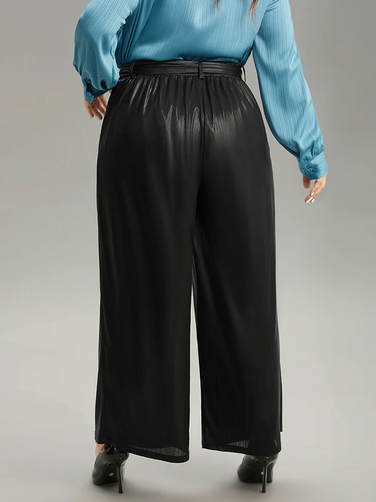 Plain Texture Belted High Rise Wide Leg Pants - Image 2
