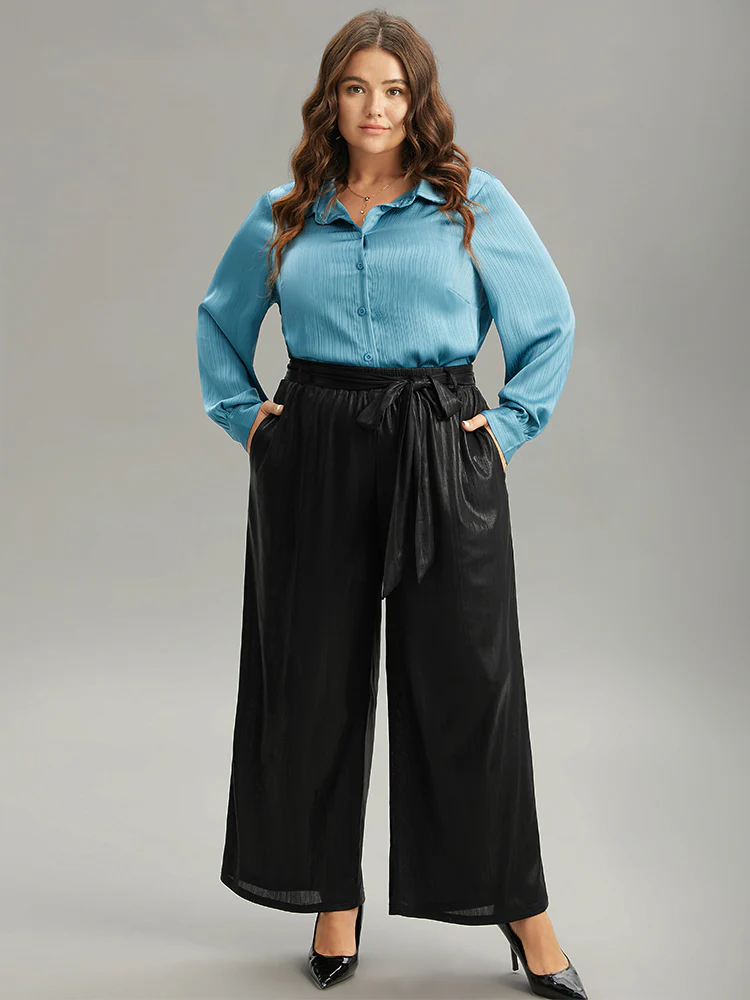 Plain Texture Belted High Rise Wide Leg Pants - Image 3