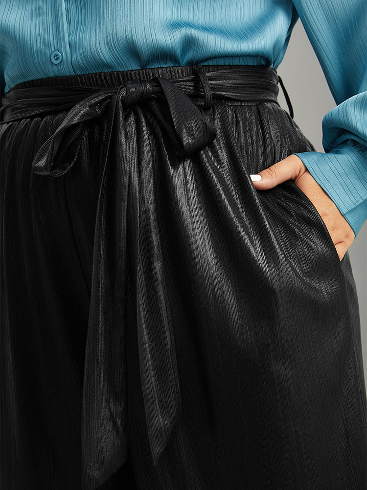 Plain Texture Belted High Rise Wide Leg Pants - Image 4