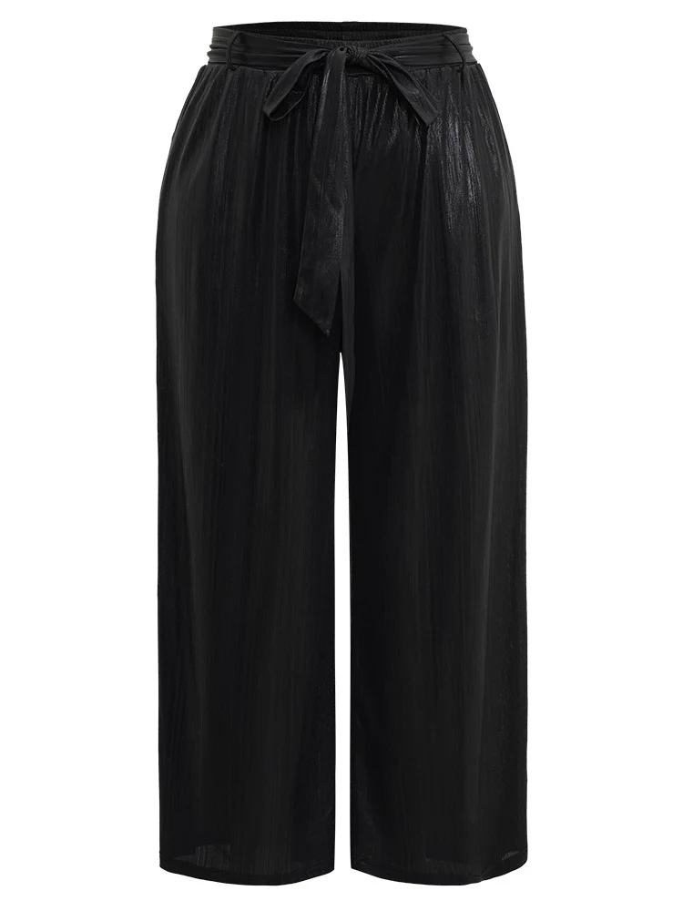 Plain Texture Belted High Rise Wide Leg Pants - Image 5